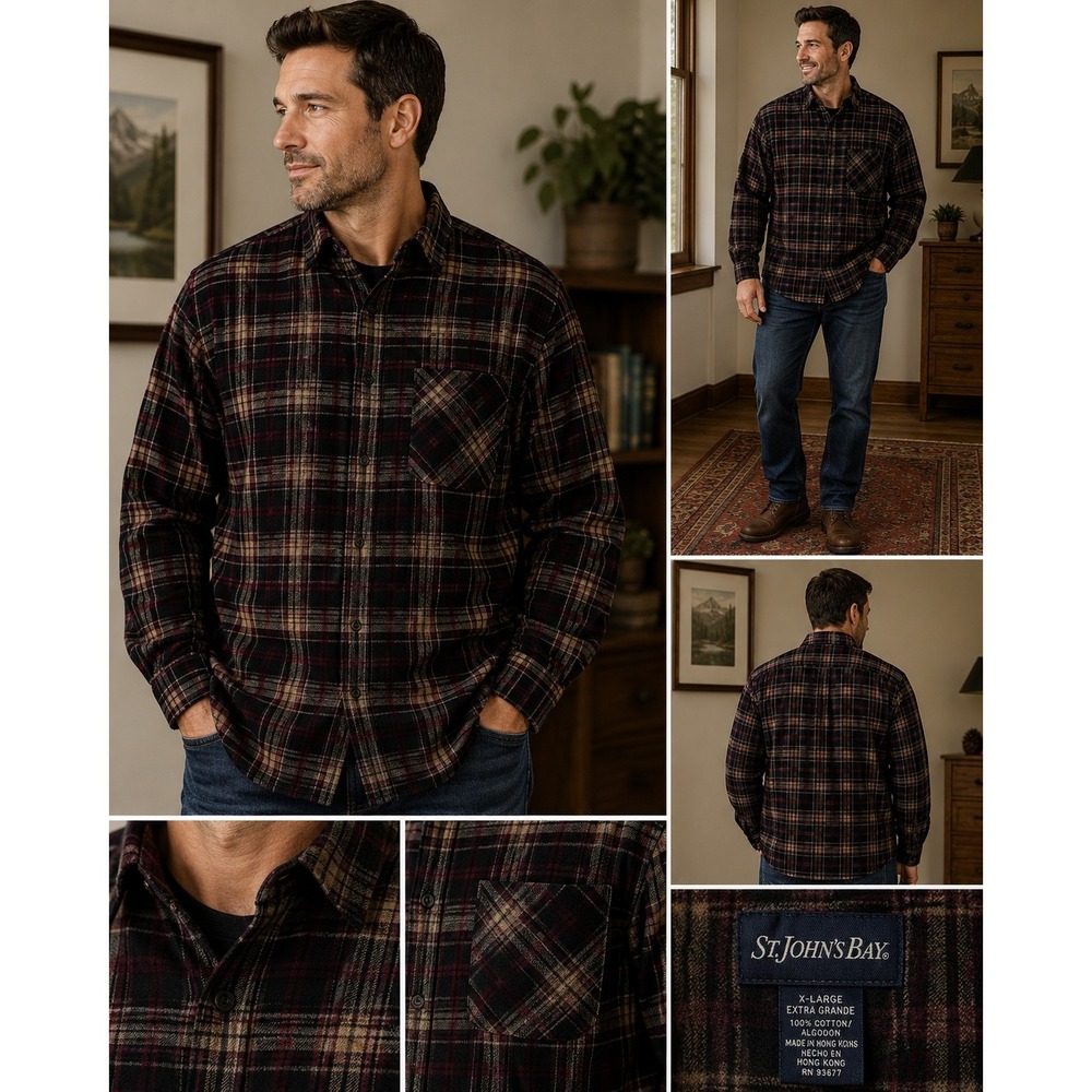 Vintage St Johns Bay Plaid Flannel Shirt Mens XL Burgundy Blue 100% Cotton 90s